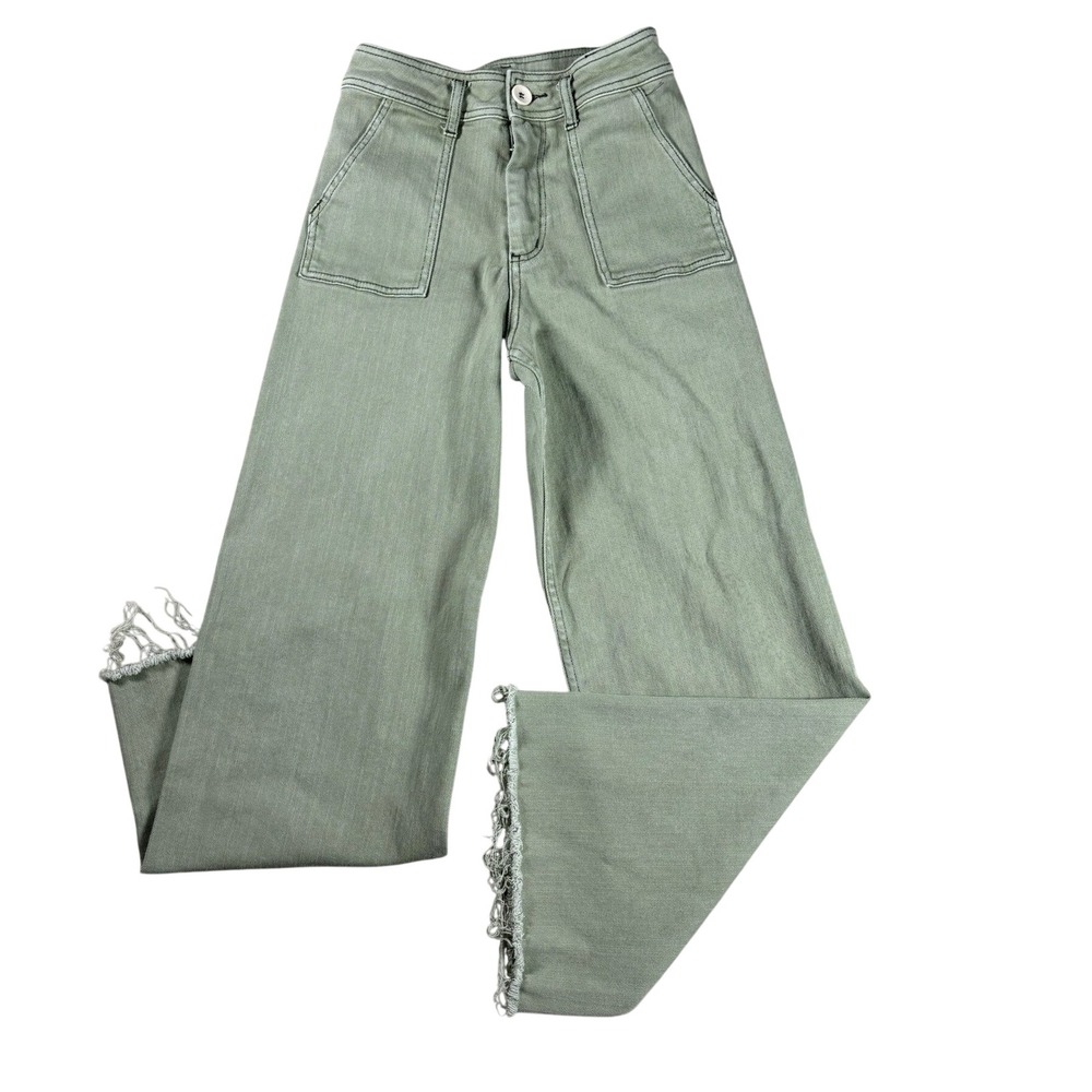 Miou Muse Sage Green High Rise Wide Leg Utility Pants Raw Hem Small P2112